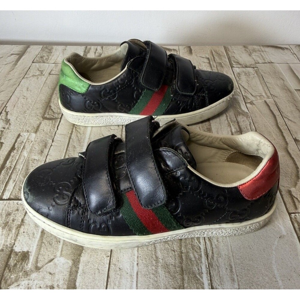 Gucci Kids Ace Web Leather Shoe  Sneakers  4354 Black Sz 8